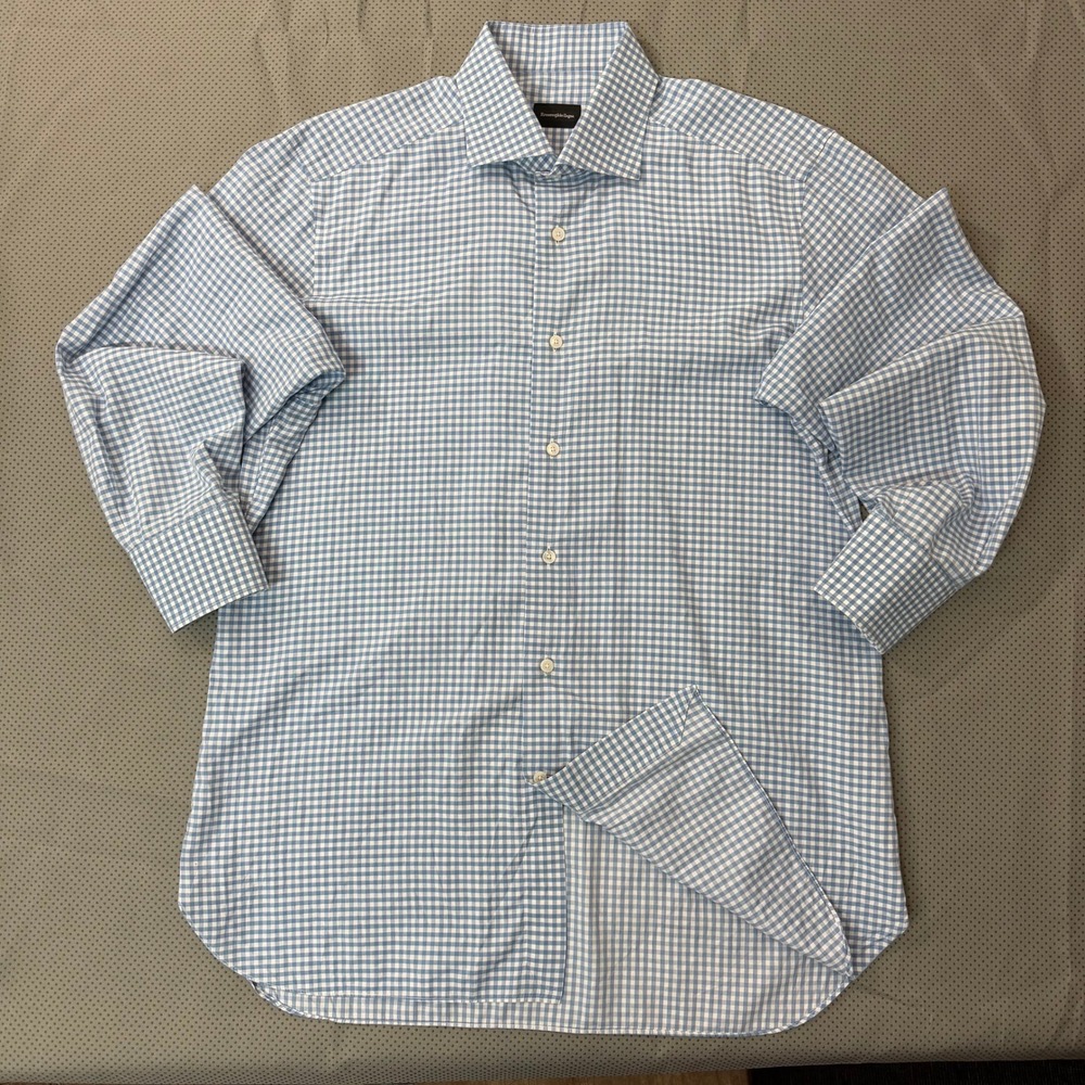 Ermenegildo Zegna Button Down Men L Light Blue Gingham Check Luxury Designer